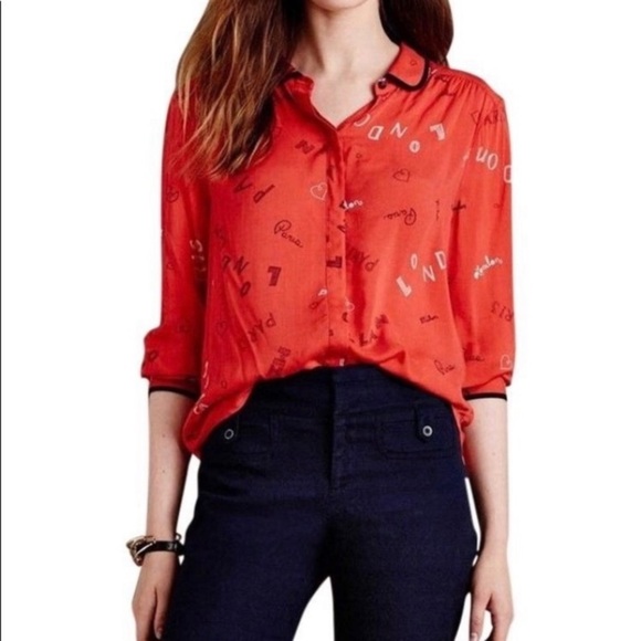 Anthropologie•Maeve•art house travel print button down top size 0 - Picture 1 of 8
